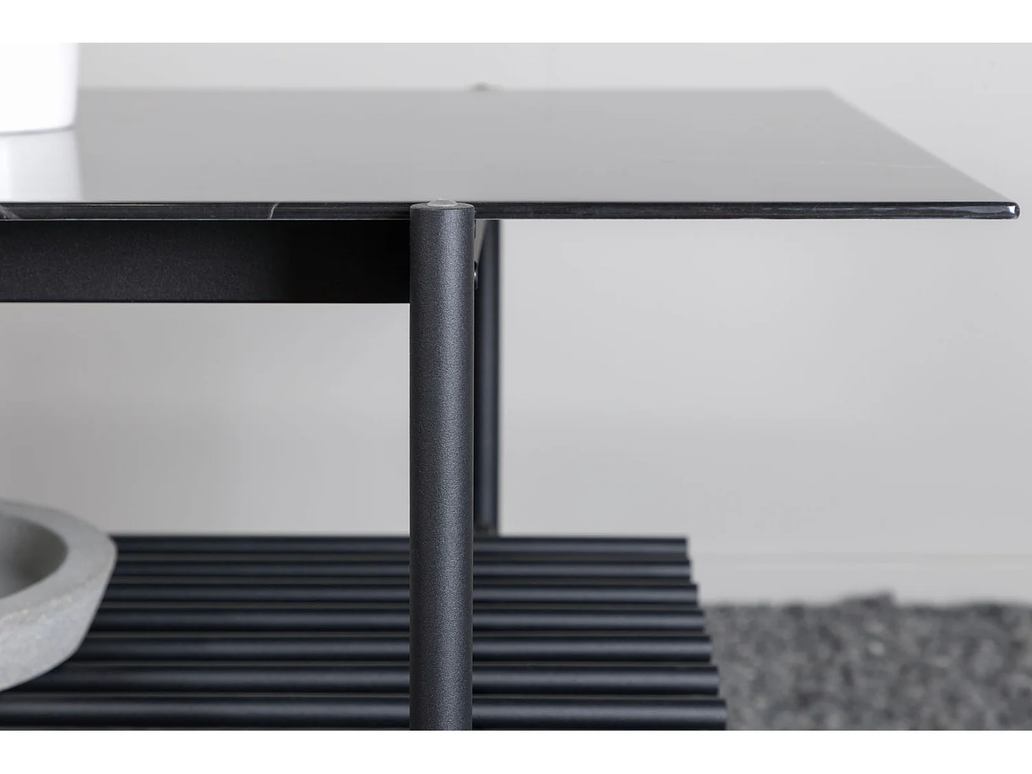 VonStaf Couchtisch mit Ablage 60x120 cm Glas schwarz Marmor dekor.