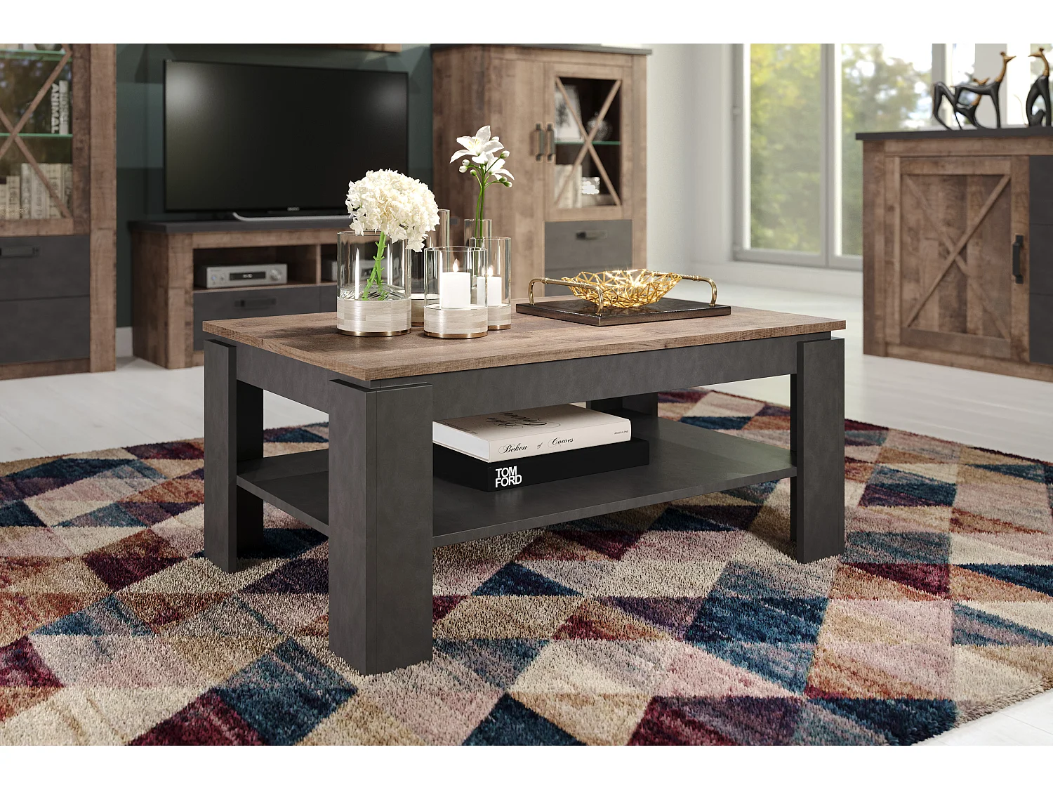 Salontafel 2 niveaus antraciet en tabaks eiken L 110 x H 47 x D 65 cm