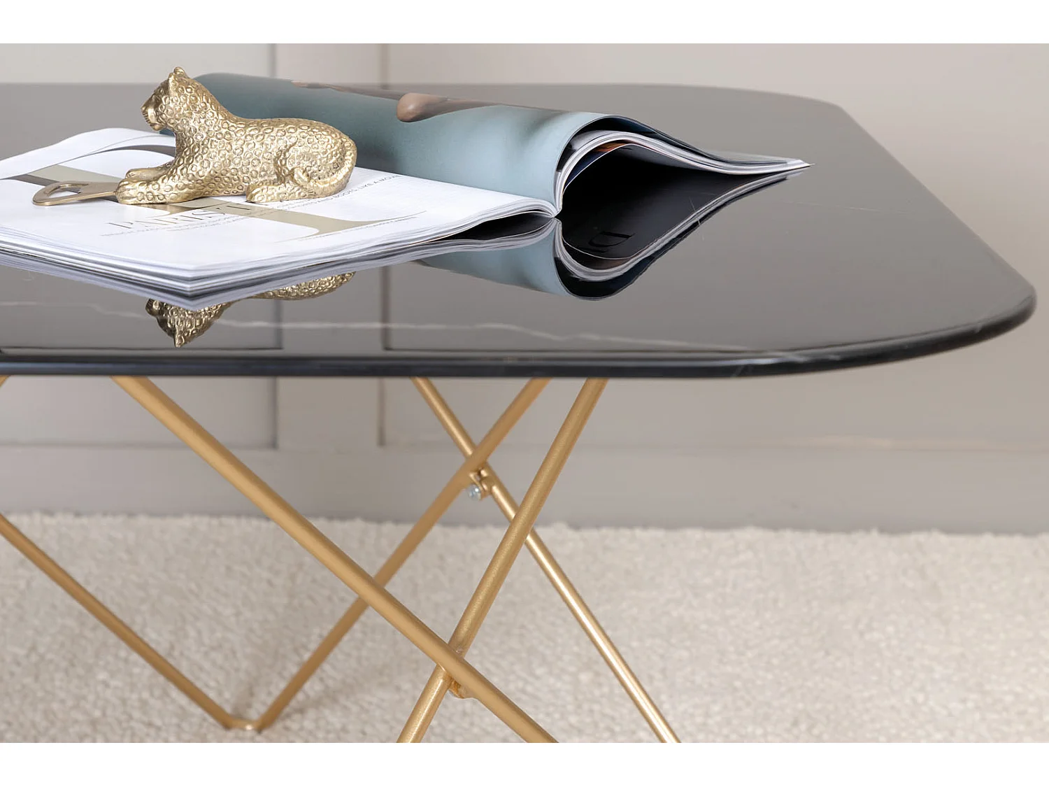 Table Basse en Verre Marbré "Tristar" 80cm Noir & Or