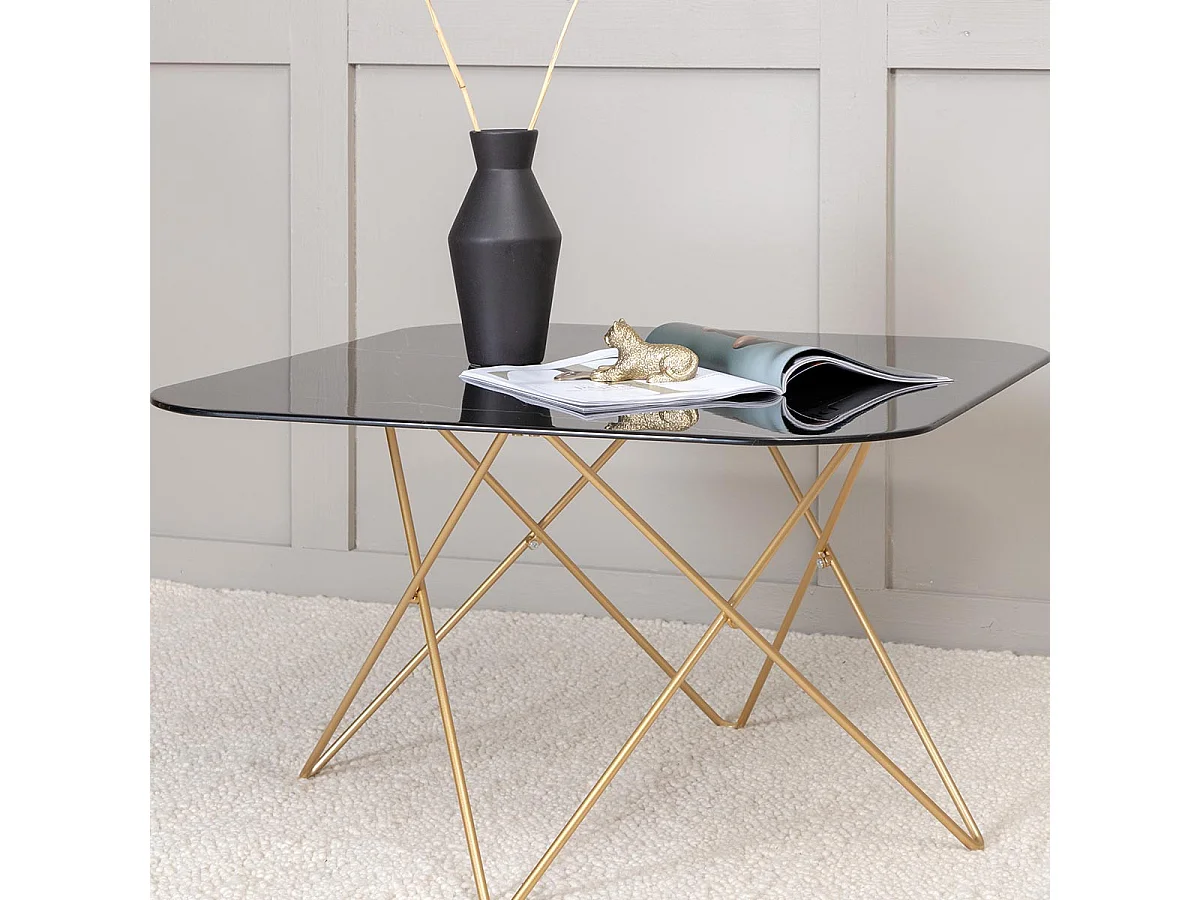 Table Basse en Verre Marbré "Tristar" 80cm Noir & Or