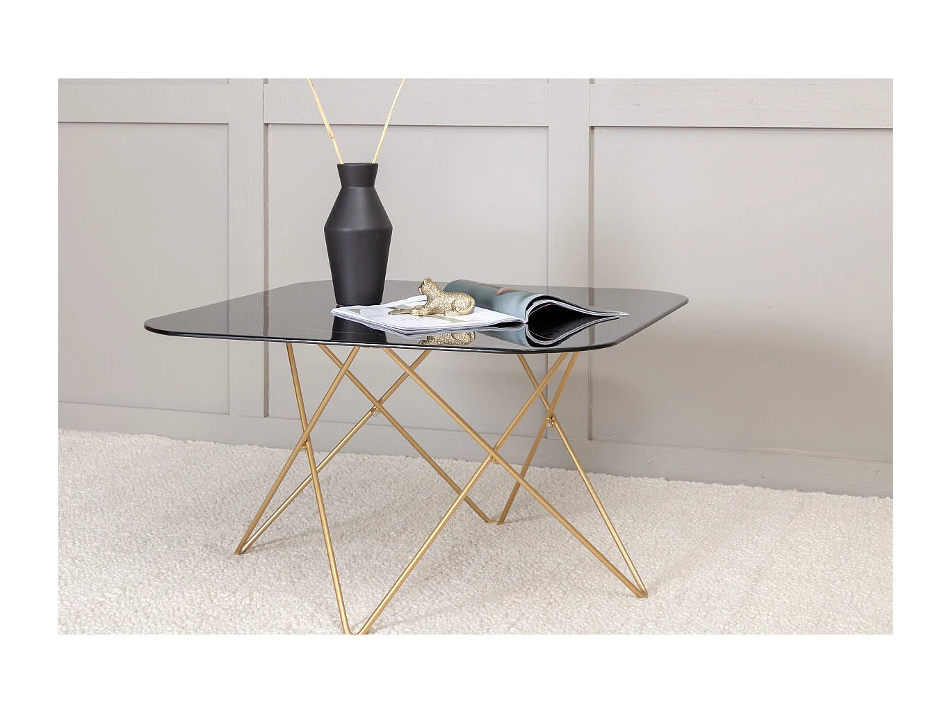 Table Basse en Verre Marbré "Tristar" 80cm Noir & Or