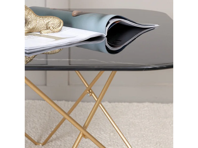 Table Basse en Verre Marbré "Tristar" 80cm Noir & Or