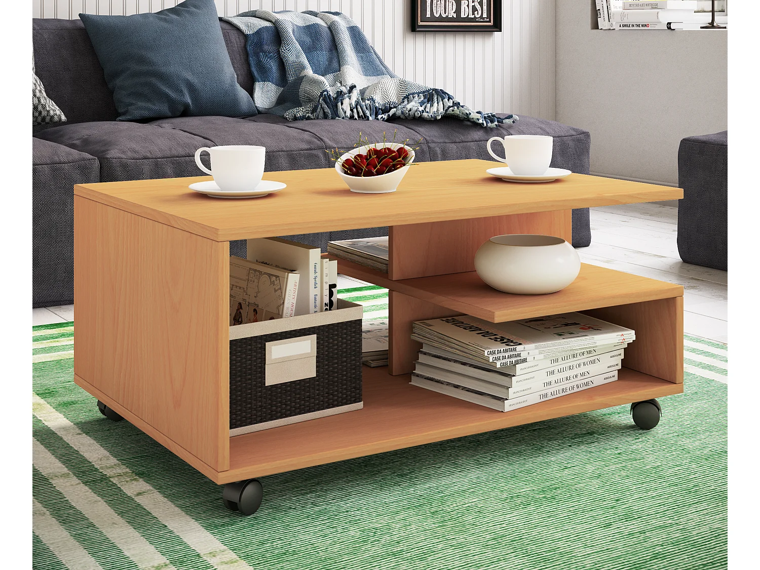 Holz Sofatisch Couchtisch Rollen rollbar Stango L