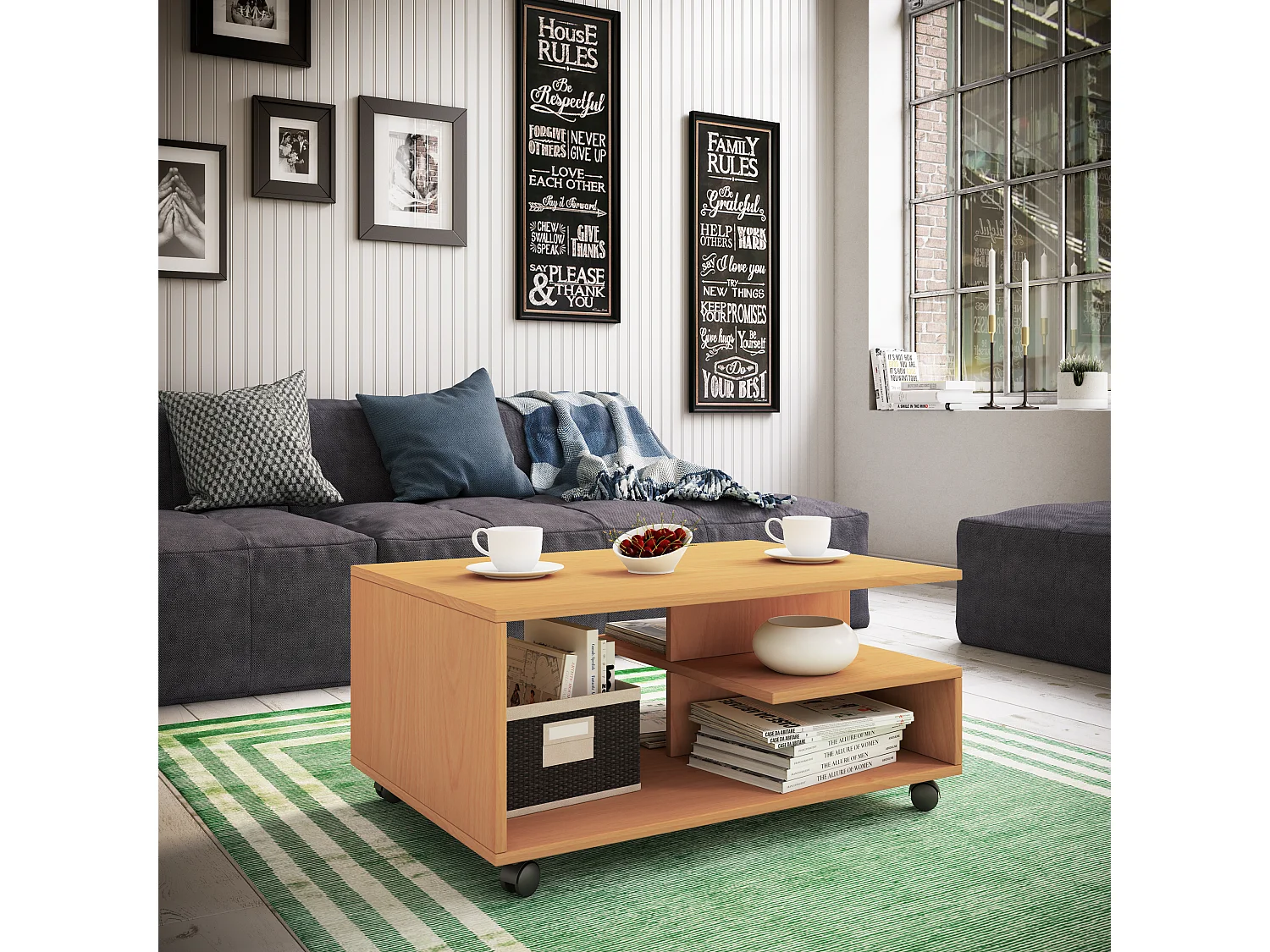 Holz Sofatisch Couchtisch Rollen rollbar Stango L