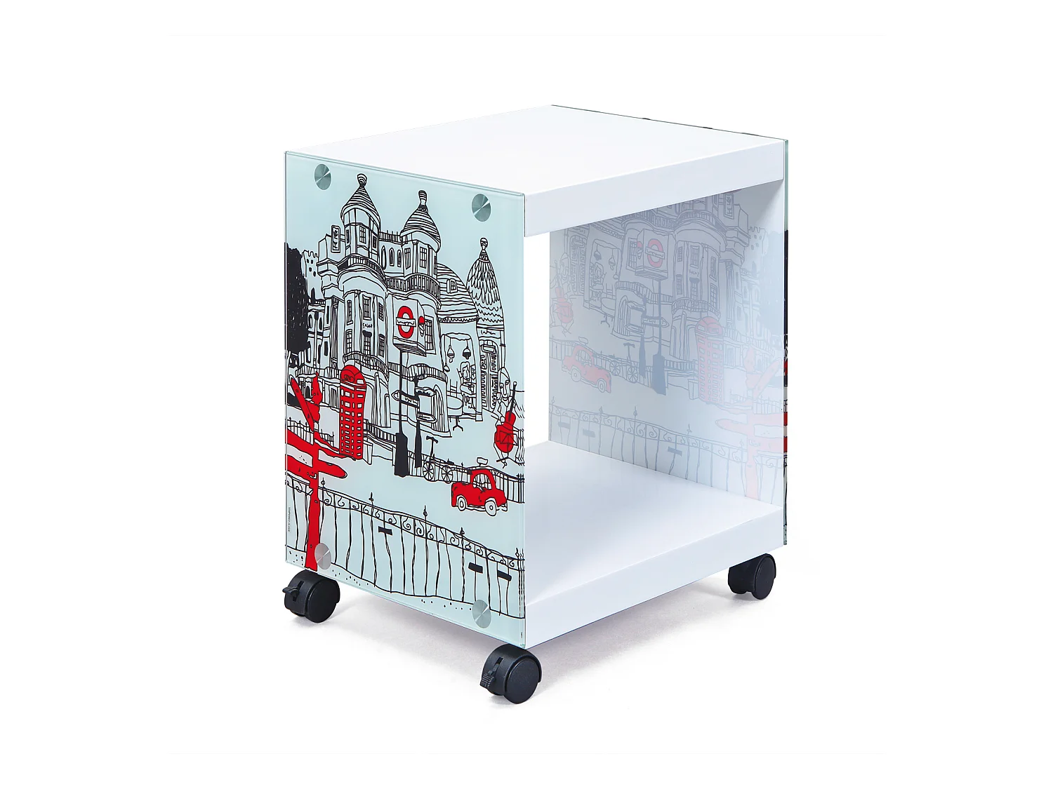 Lance salontafel met witte en gekleurde glazen wanden.