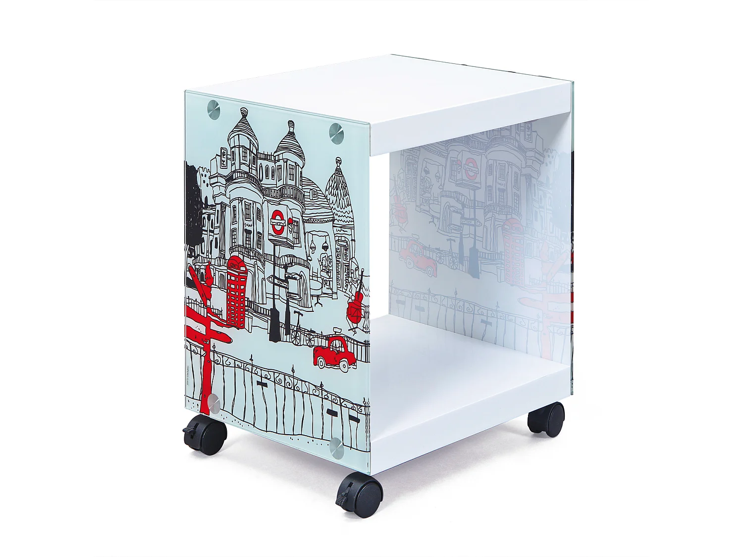 Lance salontafel met witte en gekleurde glazen wanden.