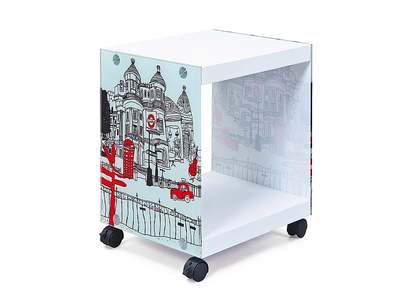 Lance salontafel met witte en gekleurde glazen wanden.