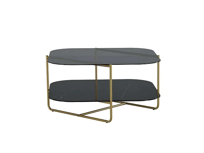 Un-line salontafel 85x85cm messing decor, glas rookkleurig.