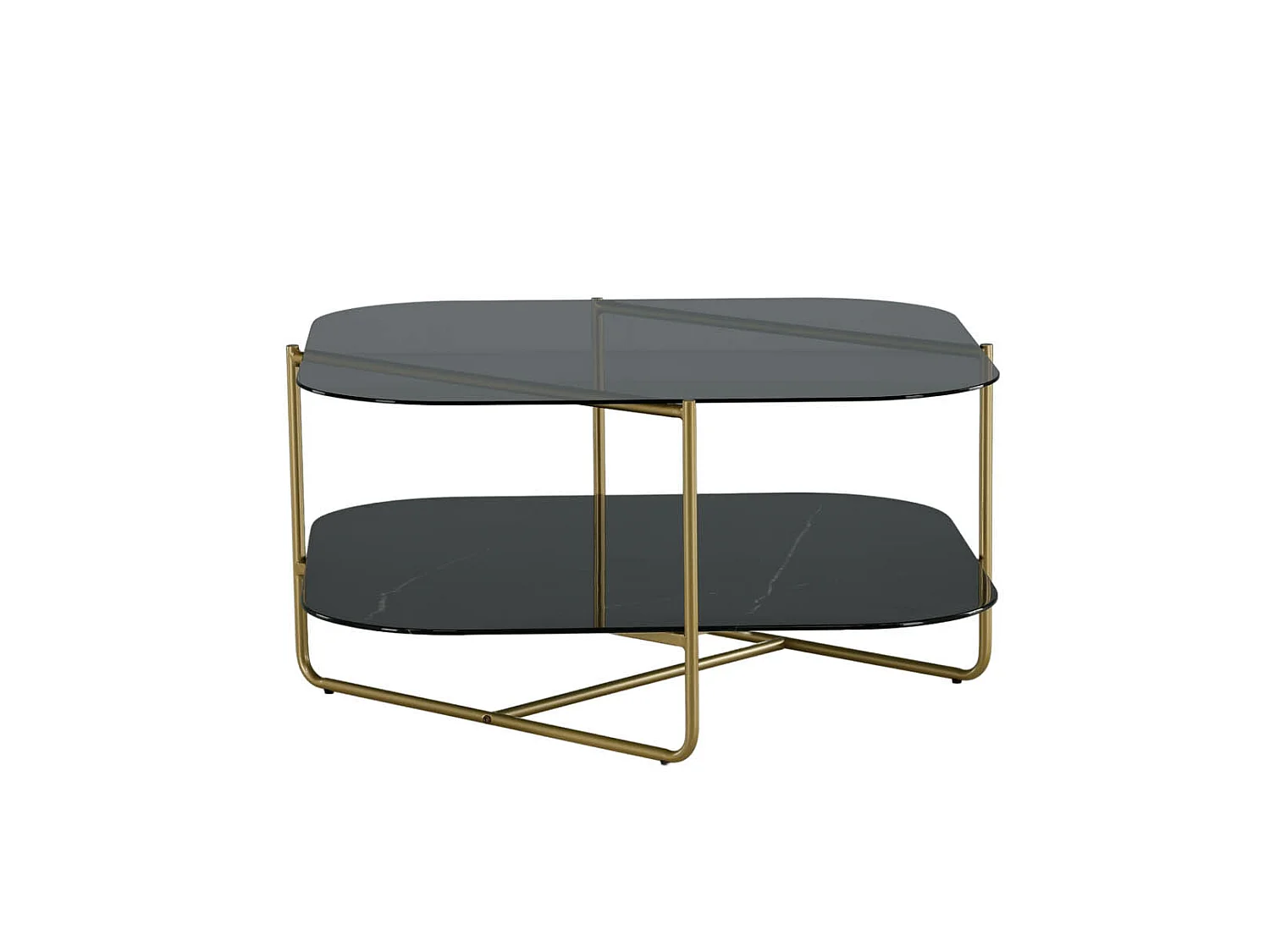 Un-line salontafel 85x85cm messing decor, glas rookkleurig.