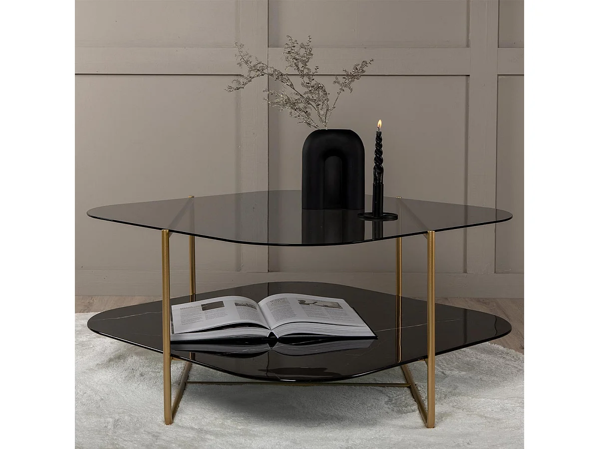 Un-line salontafel 85x85cm messing decor, glas rookkleurig.