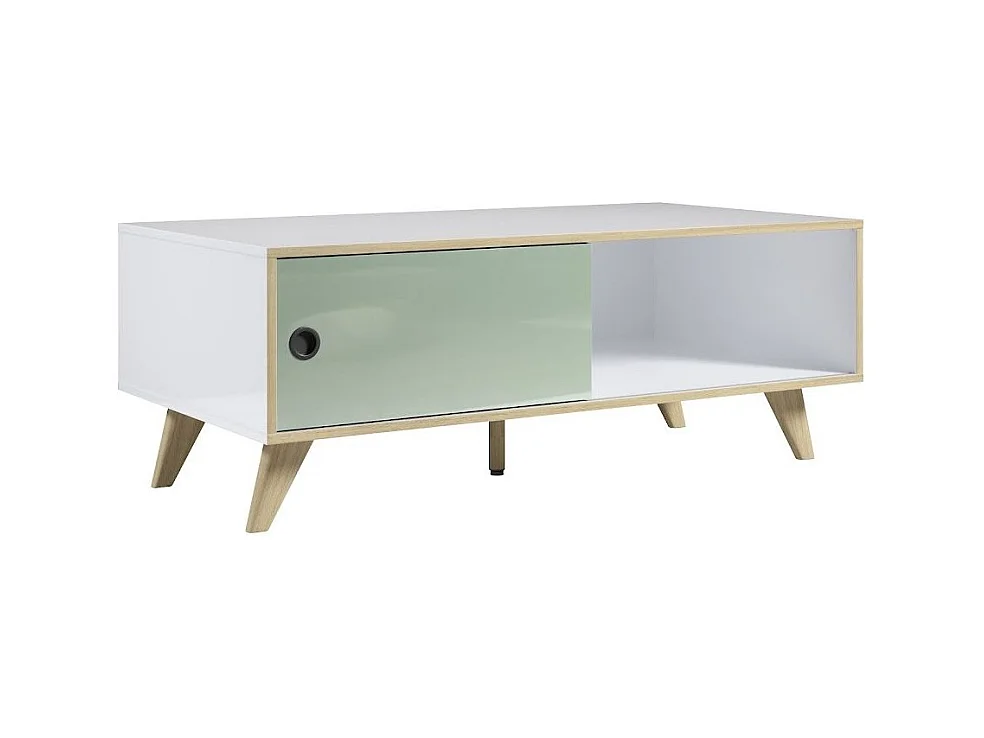 Rechthoekige salontafel met 1 deur in wit, groen en natuurlijk hout Mélanie 115 cm