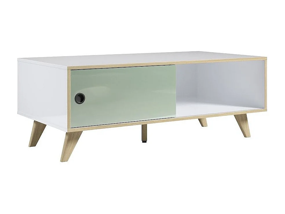 Rechthoekige salontafel met 1 deur in wit, groen en natuurlijk hout Mélanie 115 cm