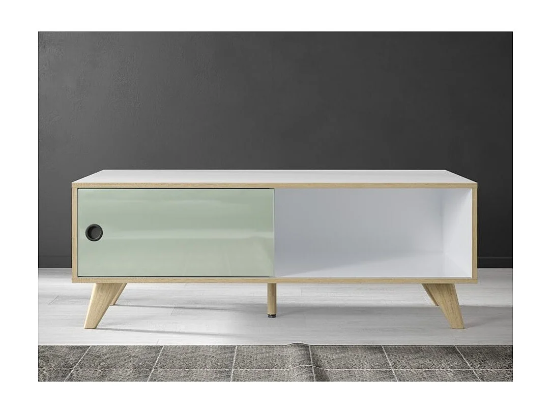 Rechthoekige salontafel met 1 deur in wit, groen en natuurlijk hout Mélanie 115 cm