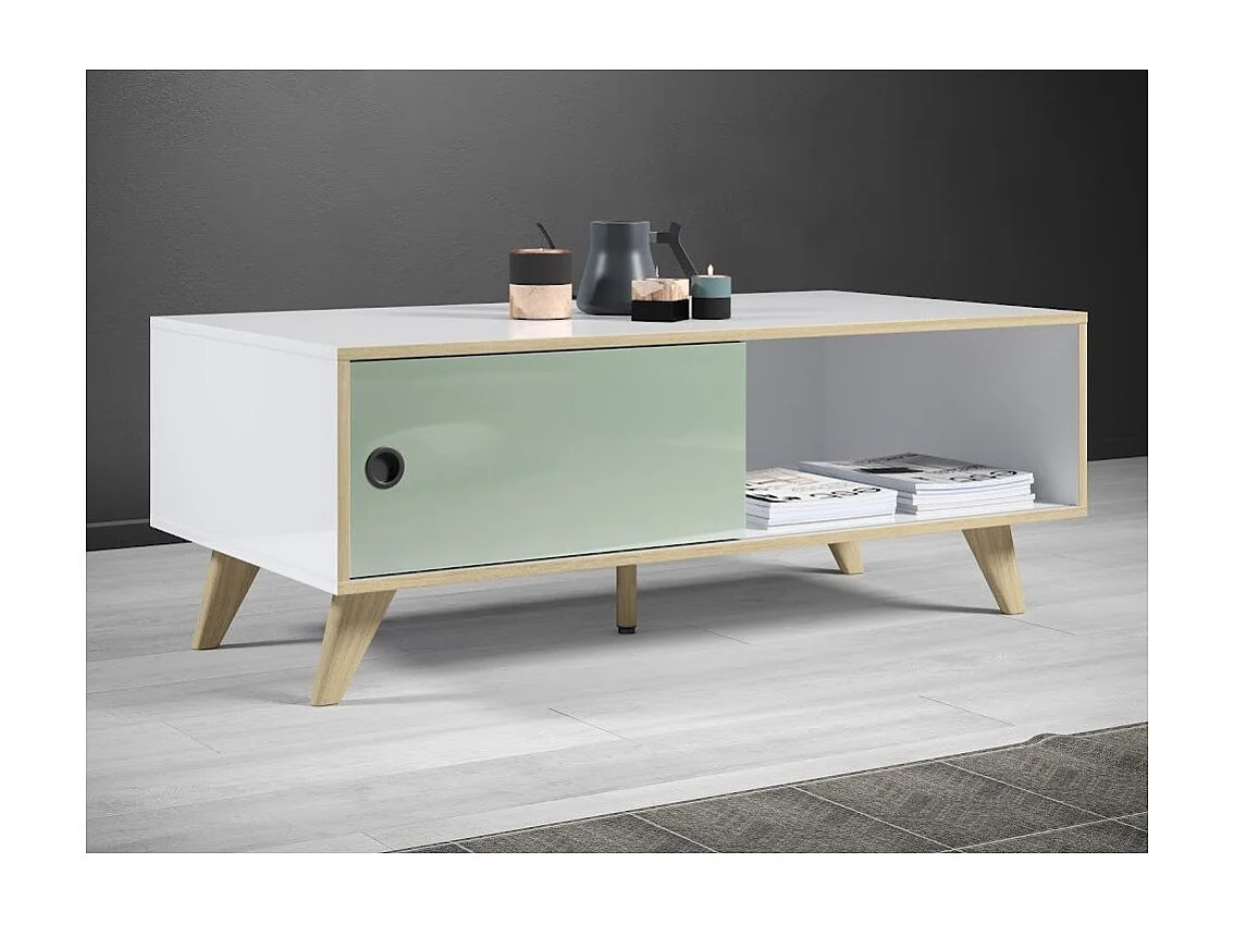 Rechthoekige salontafel met 1 deur in wit, groen en natuurlijk hout Mélanie 115 cm