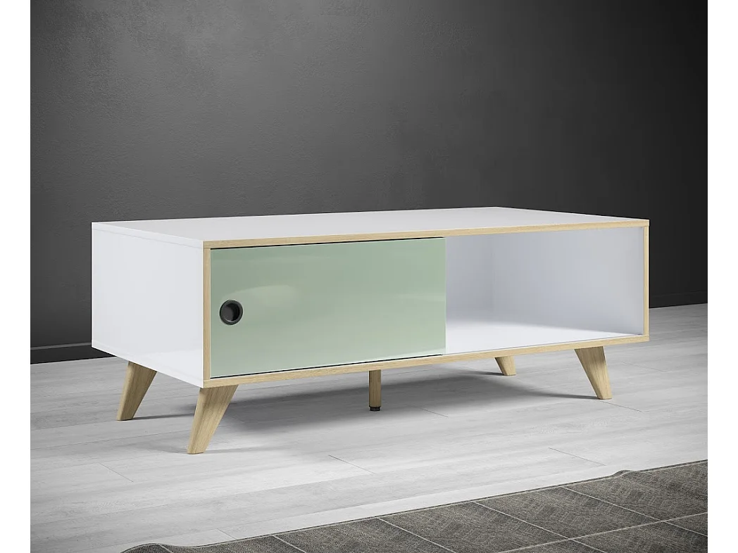 Rechthoekige salontafel met 1 deur in wit, groen en natuurlijk hout Mélanie 115 cm