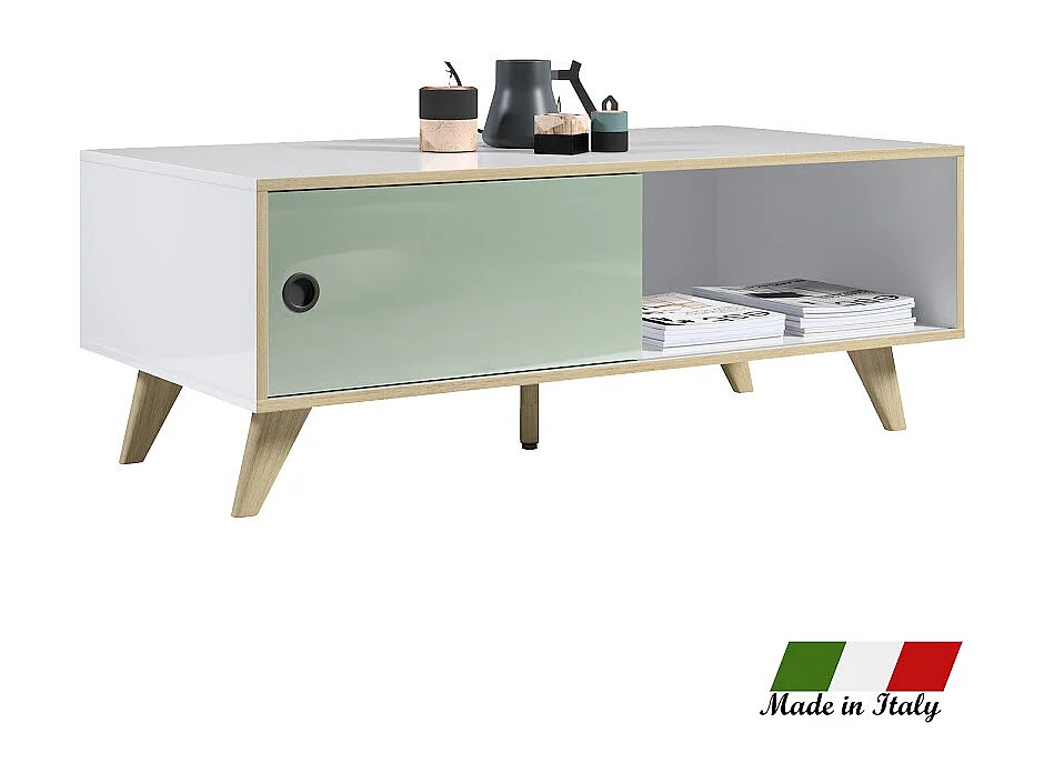 Rechthoekige salontafel met 1 deur in wit, groen en natuurlijk hout Mélanie 115 cm