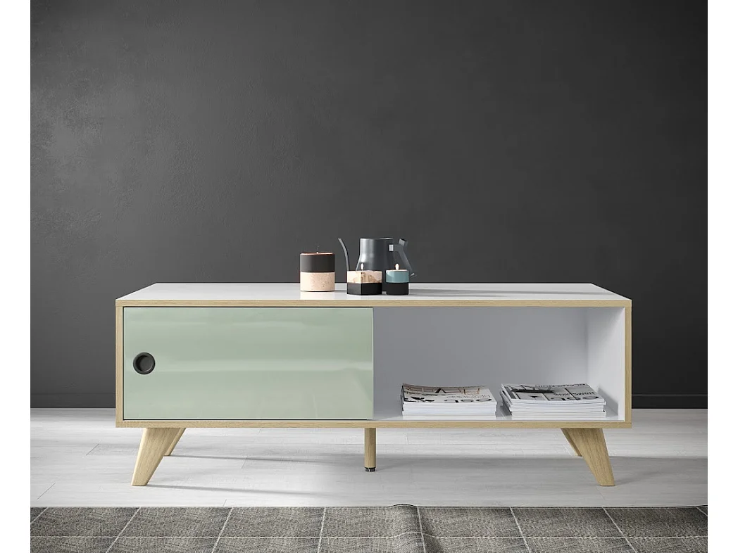 Rechthoekige salontafel met 1 deur in wit, groen en natuurlijk hout Mélanie 115 cm