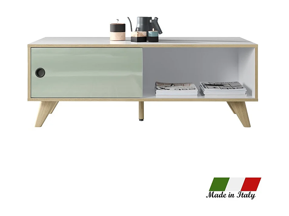 Rechthoekige salontafel met 1 deur in wit, groen en natuurlijk hout Mélanie 115 cm