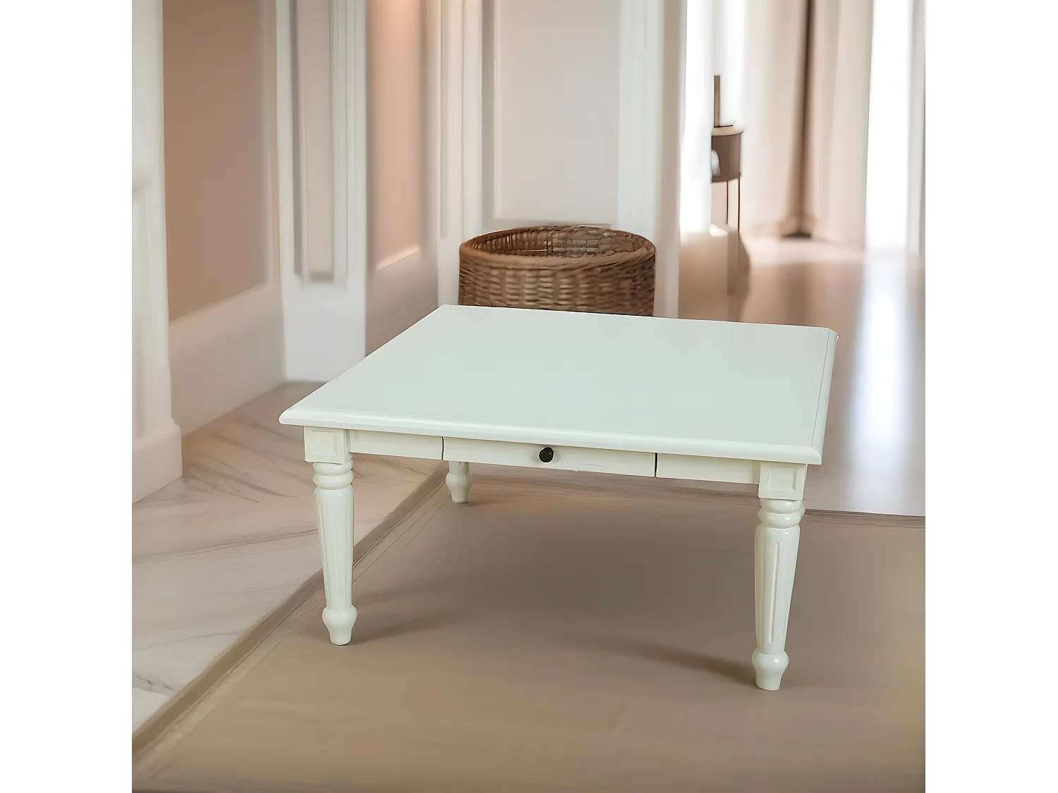 Amaretta Table basse vintage, blanc, vintage patiné, 100x100 cm avec 1 tiroir.