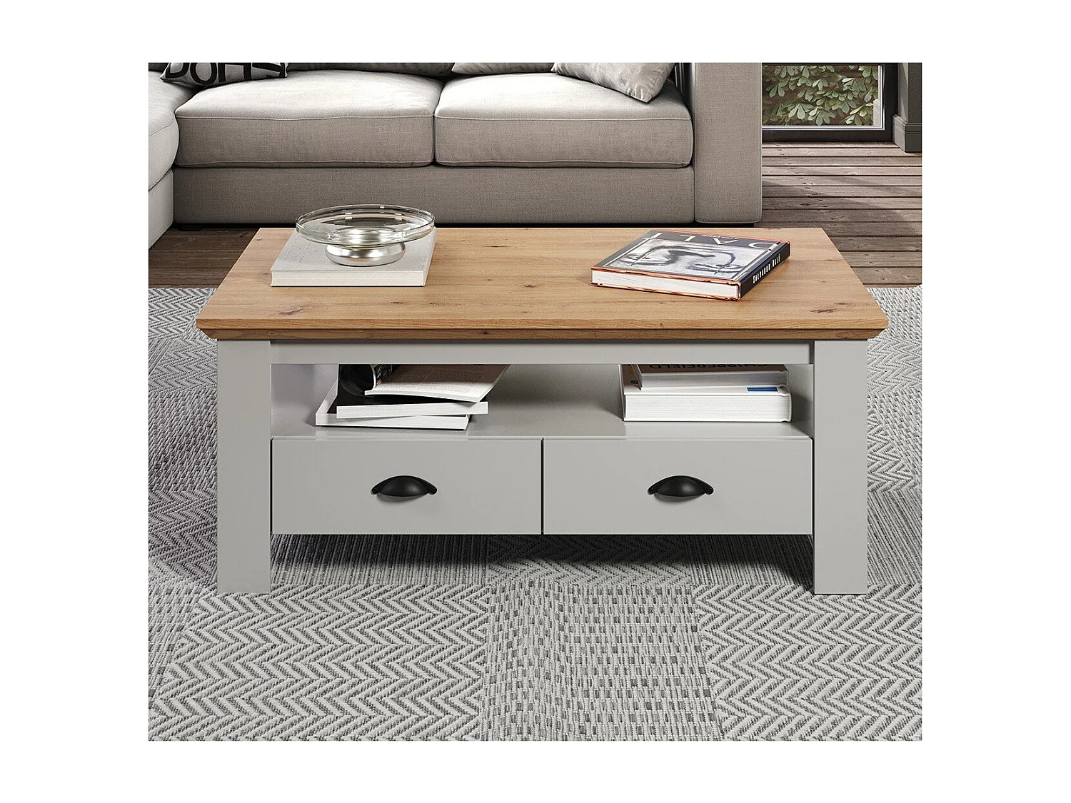 Salontafel in landelijke stijl in lichtgrijs en handgemaakt eiken Herbo 110 cm