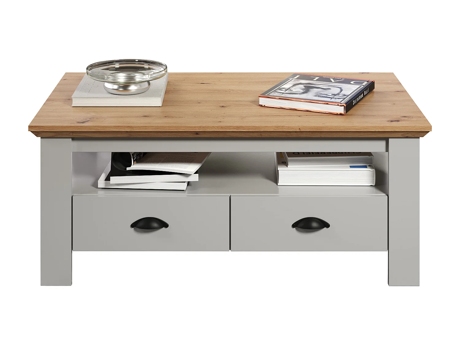 Salontafel in landelijke stijl in lichtgrijs en handgemaakt eiken Herbo 110 cm