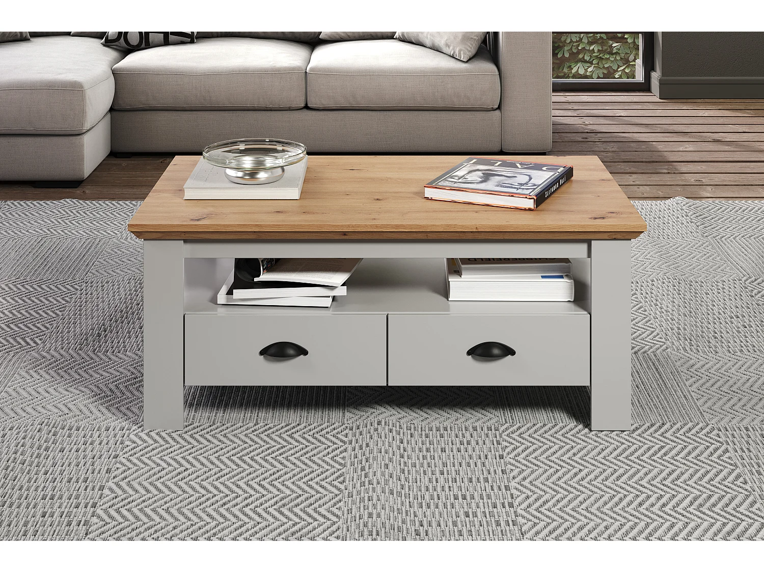 Salontafel in landelijke stijl in lichtgrijs en handgemaakt eiken Herbo 110 cm