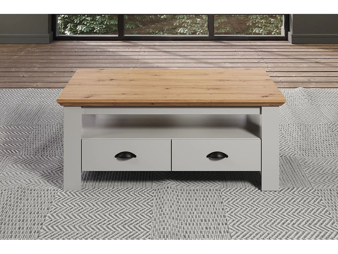 Salontafel in landelijke stijl in lichtgrijs en handgemaakt eiken Herbo 110 cm