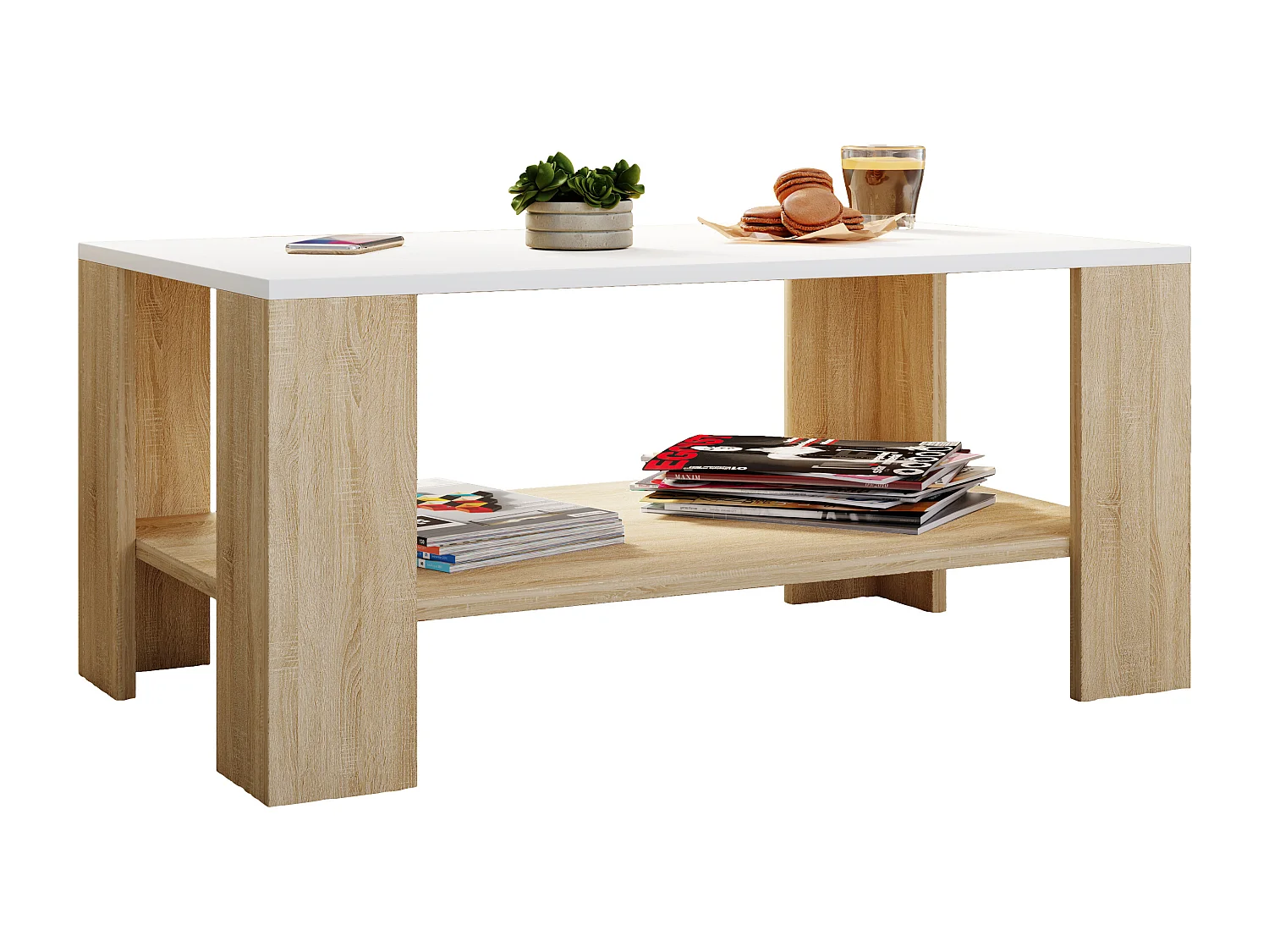 VCM Table d'appoint en bois Table basse Table de salon Dalus (Chêne Sonoma / Blanc)