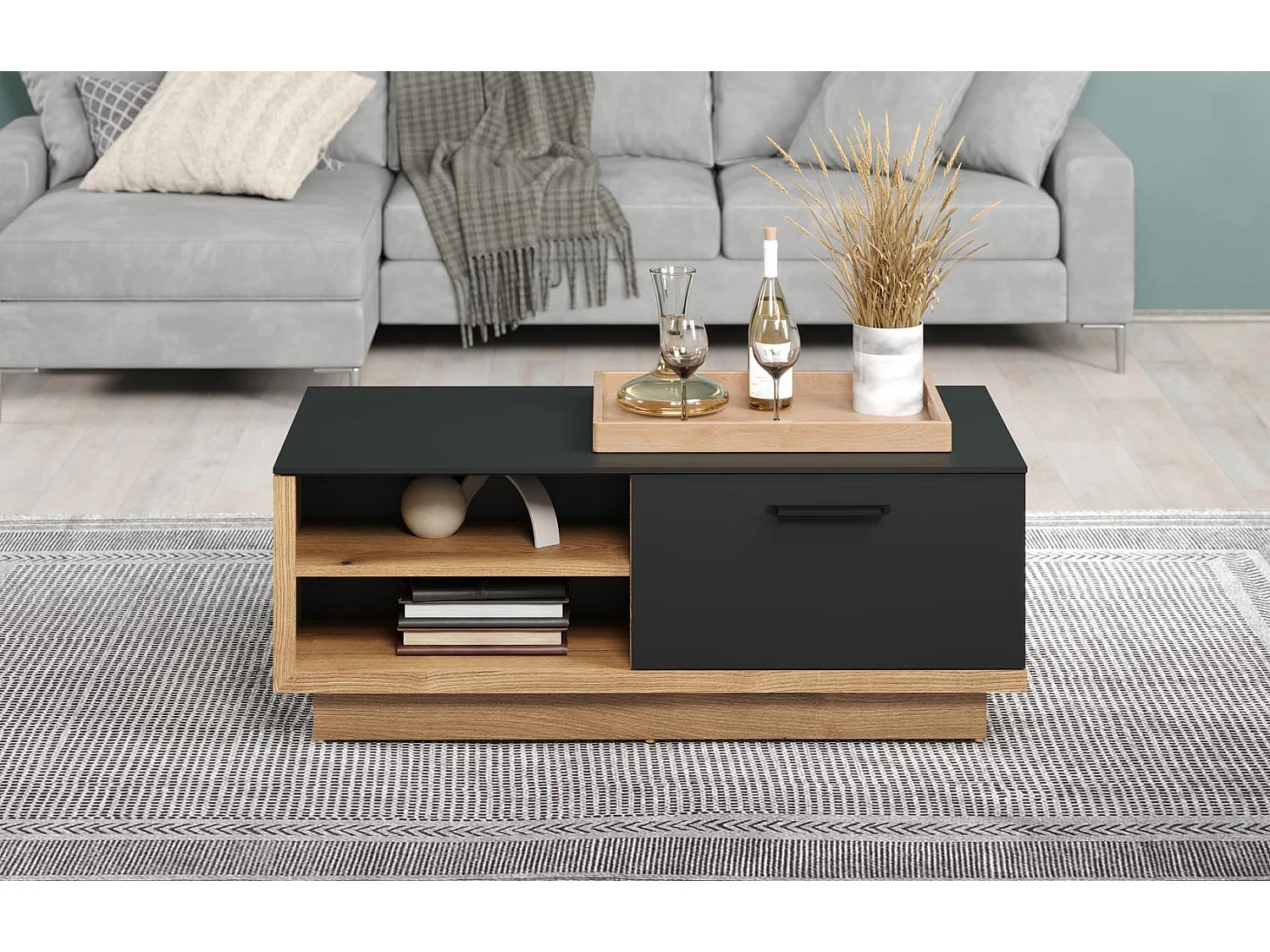 Synnax table basse 2 Claquement de portes, 4 tablettes gris,chêne décor.