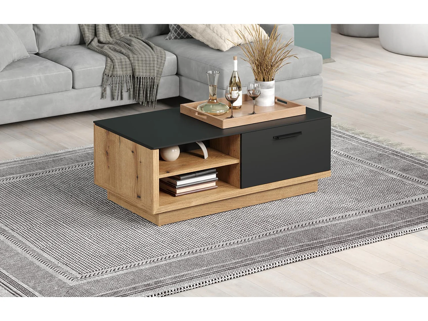 Synnax table basse 2 Claquement de portes, 4 tablettes gris,chêne décor.