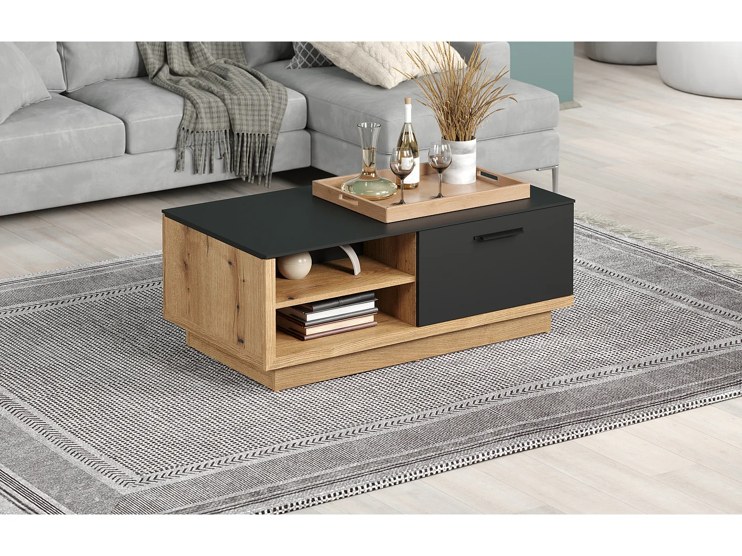 Synnax table basse 2 Claquement de portes, 4 tablettes gris,chêne décor.