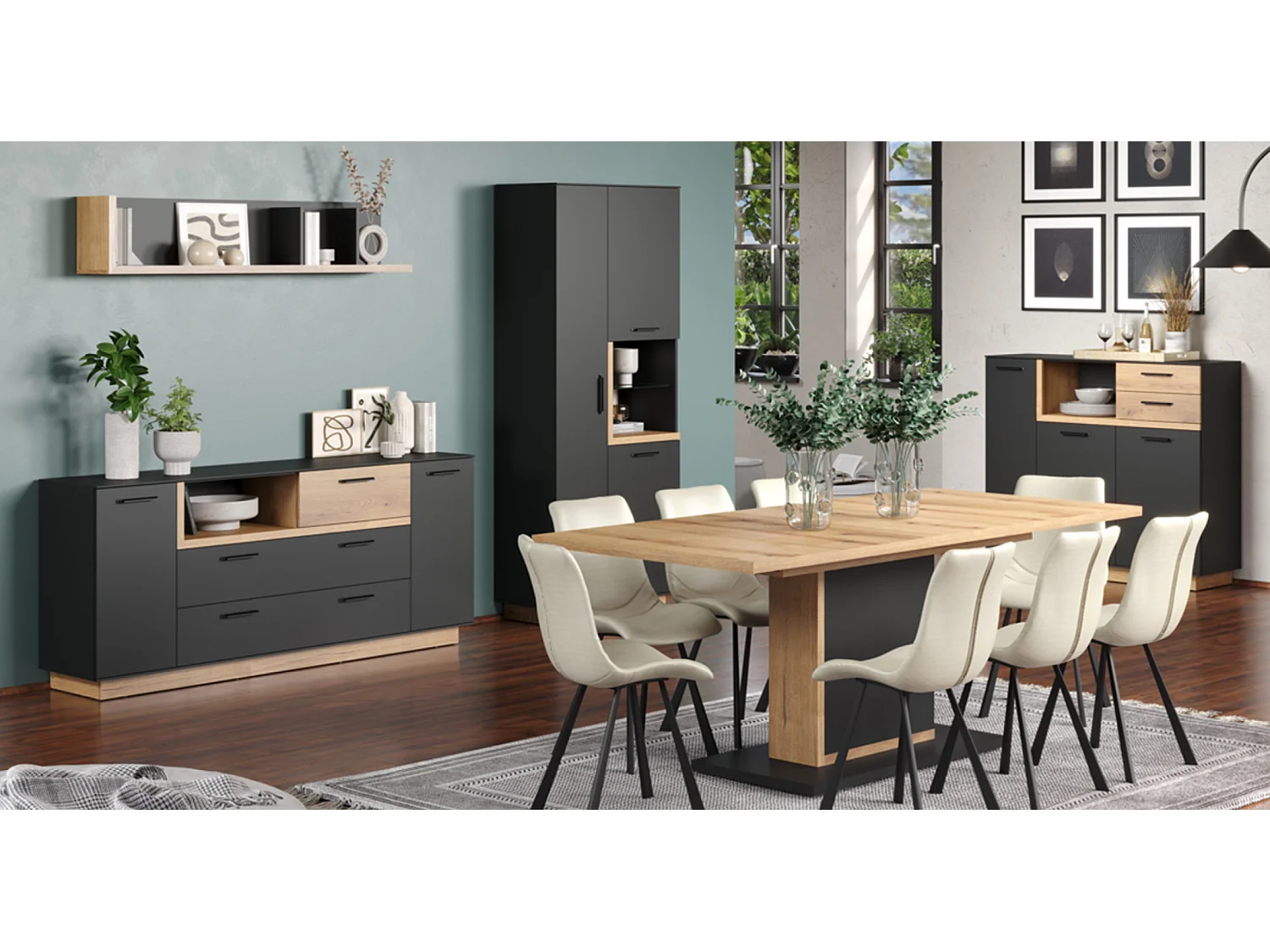 Synnax table basse 2 Claquement de portes, 4 tablettes gris,chêne décor.