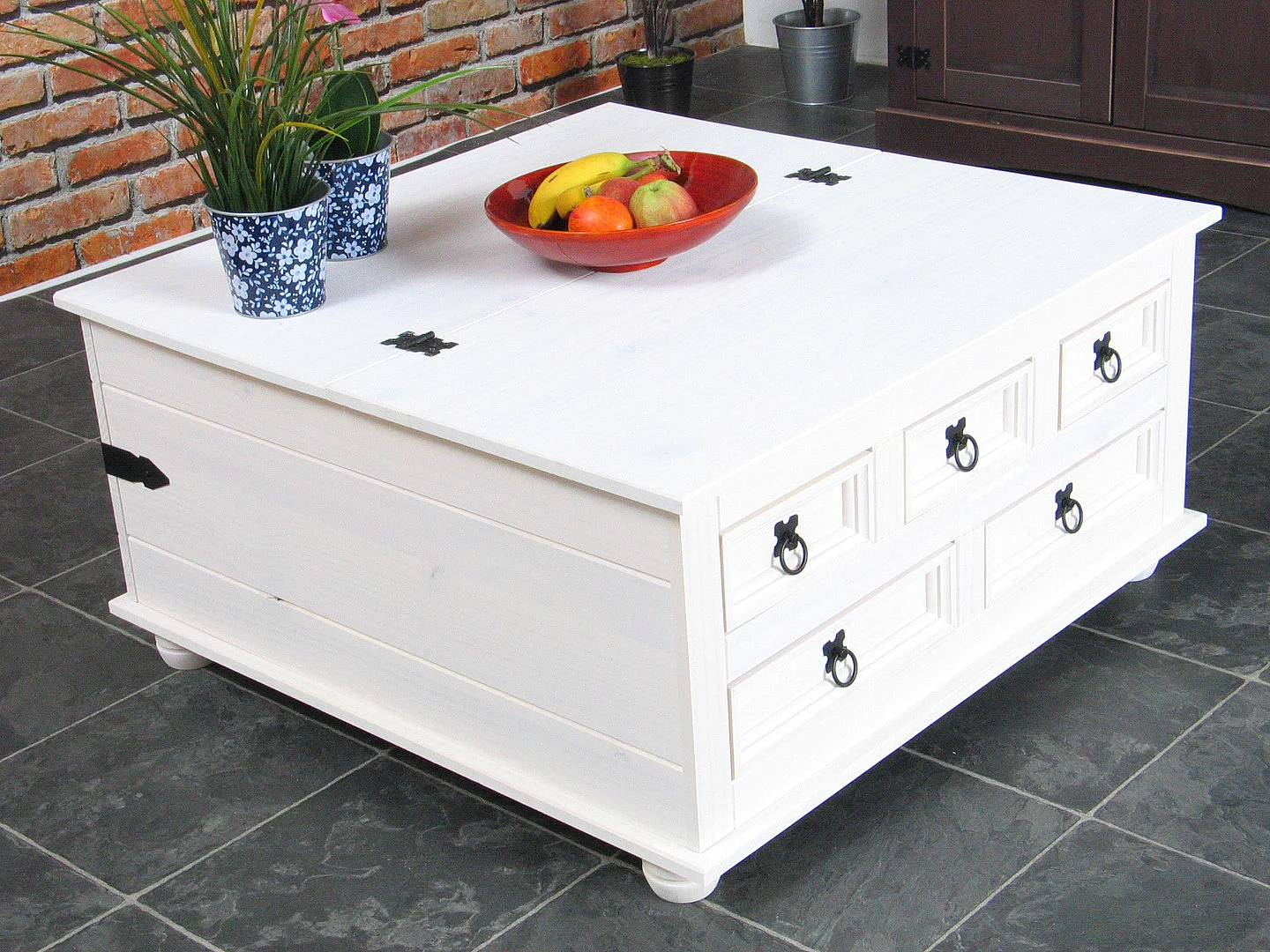 Tavolino New Mexico con 5 cassetti 91x91 bianco/cera.