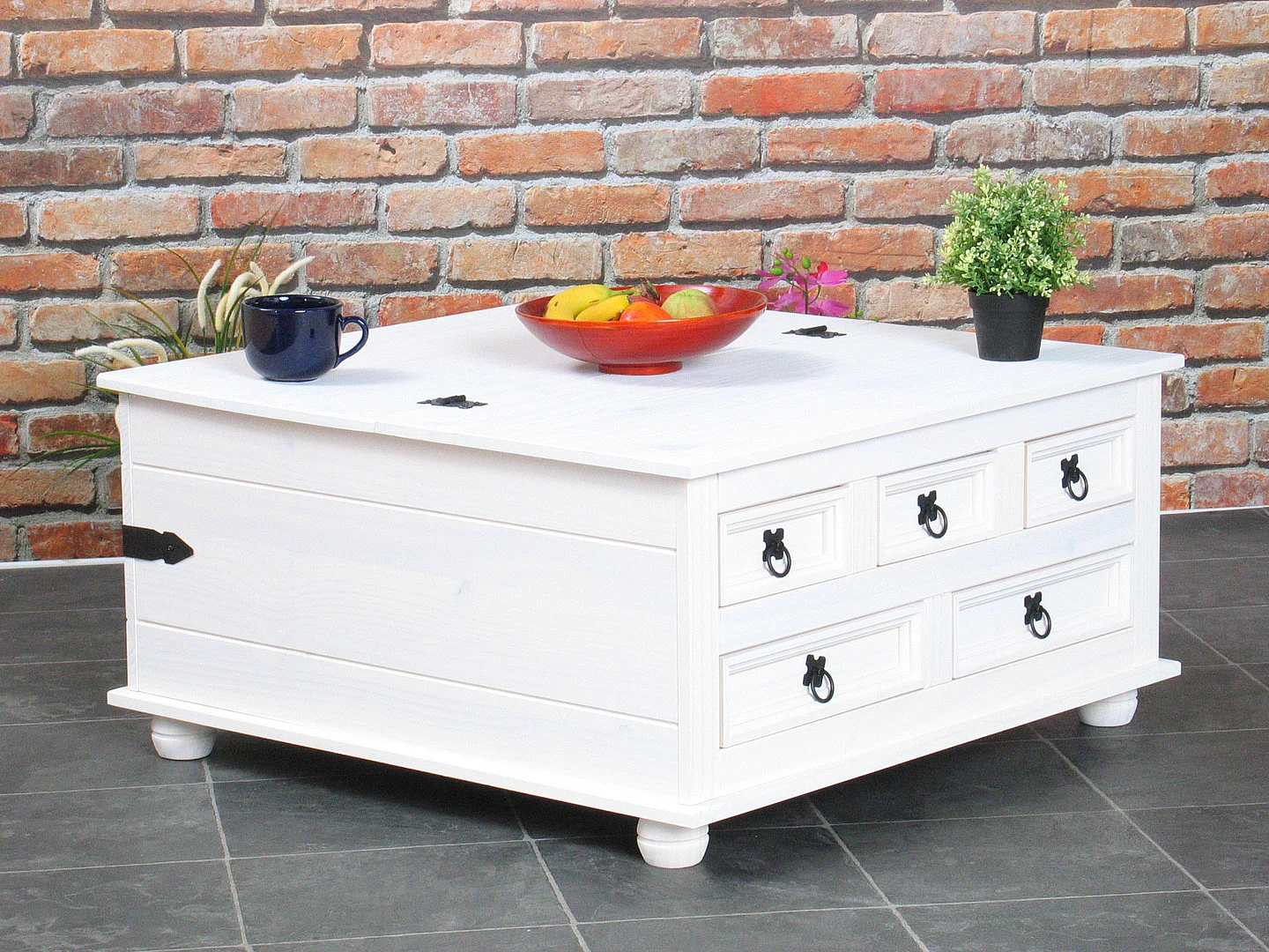 Tavolino New Mexico con 5 cassetti 91x91 bianco/cera.