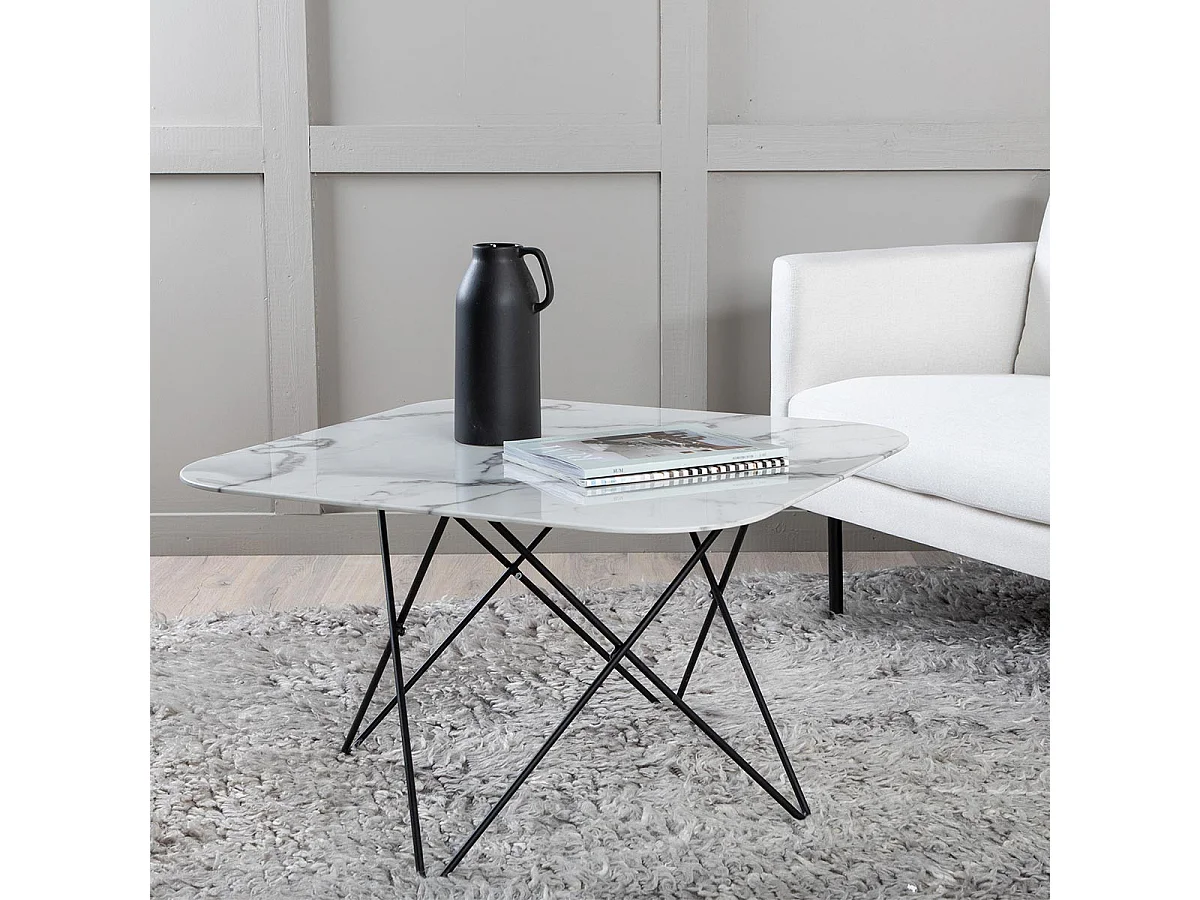 Table Basse en Verre Marbré "Tristar" 80cm Blanc