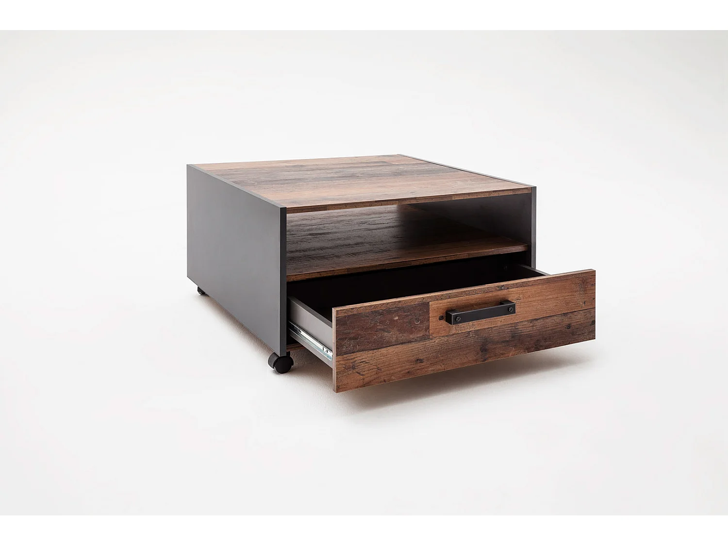 Mesa de centro universal 1 cajón, 1 compartimento abierto Decoración madera vieja, decoración roble.