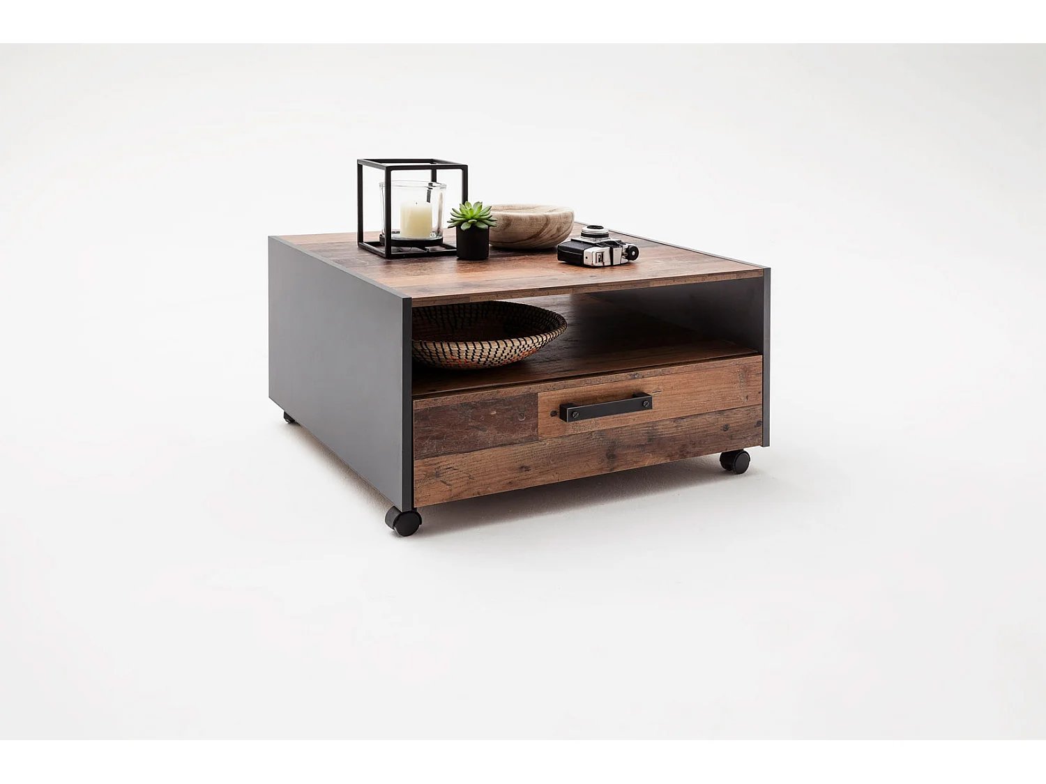 Mesa de centro universal 1 cajón, 1 compartimento abierto Decoración madera vieja, decoración roble.