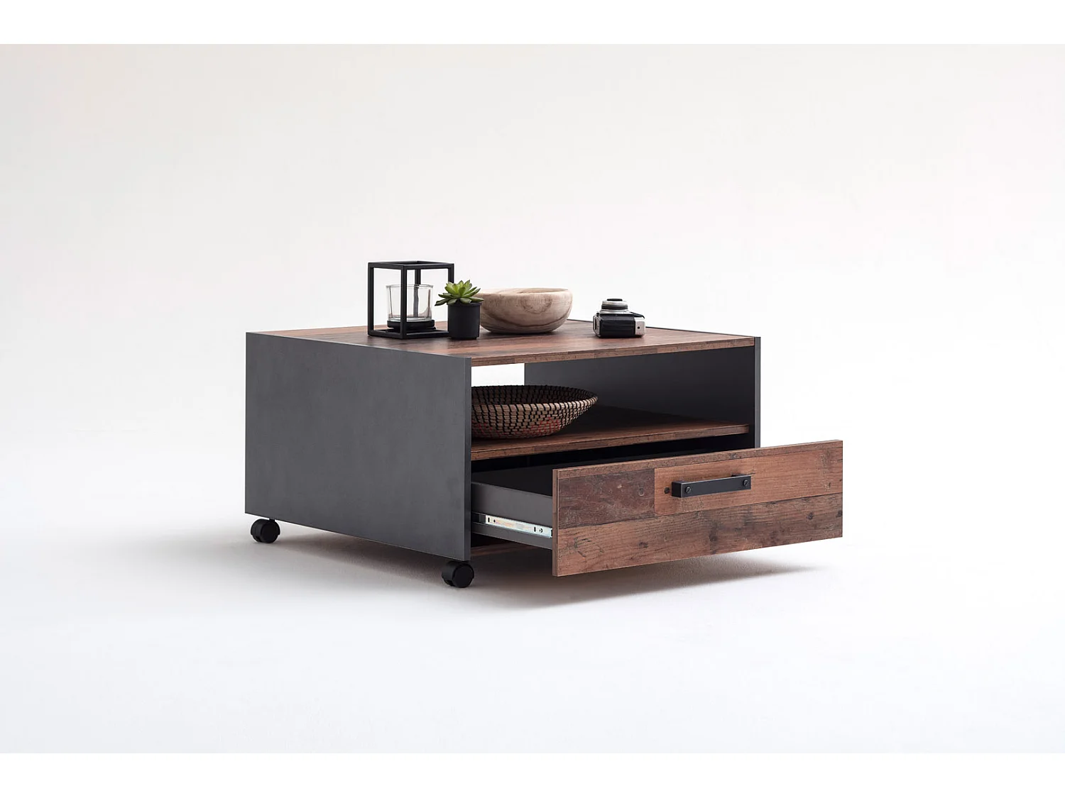 Mesa de centro universal 1 cajón, 1 compartimento abierto Decoración madera vieja, decoración roble.