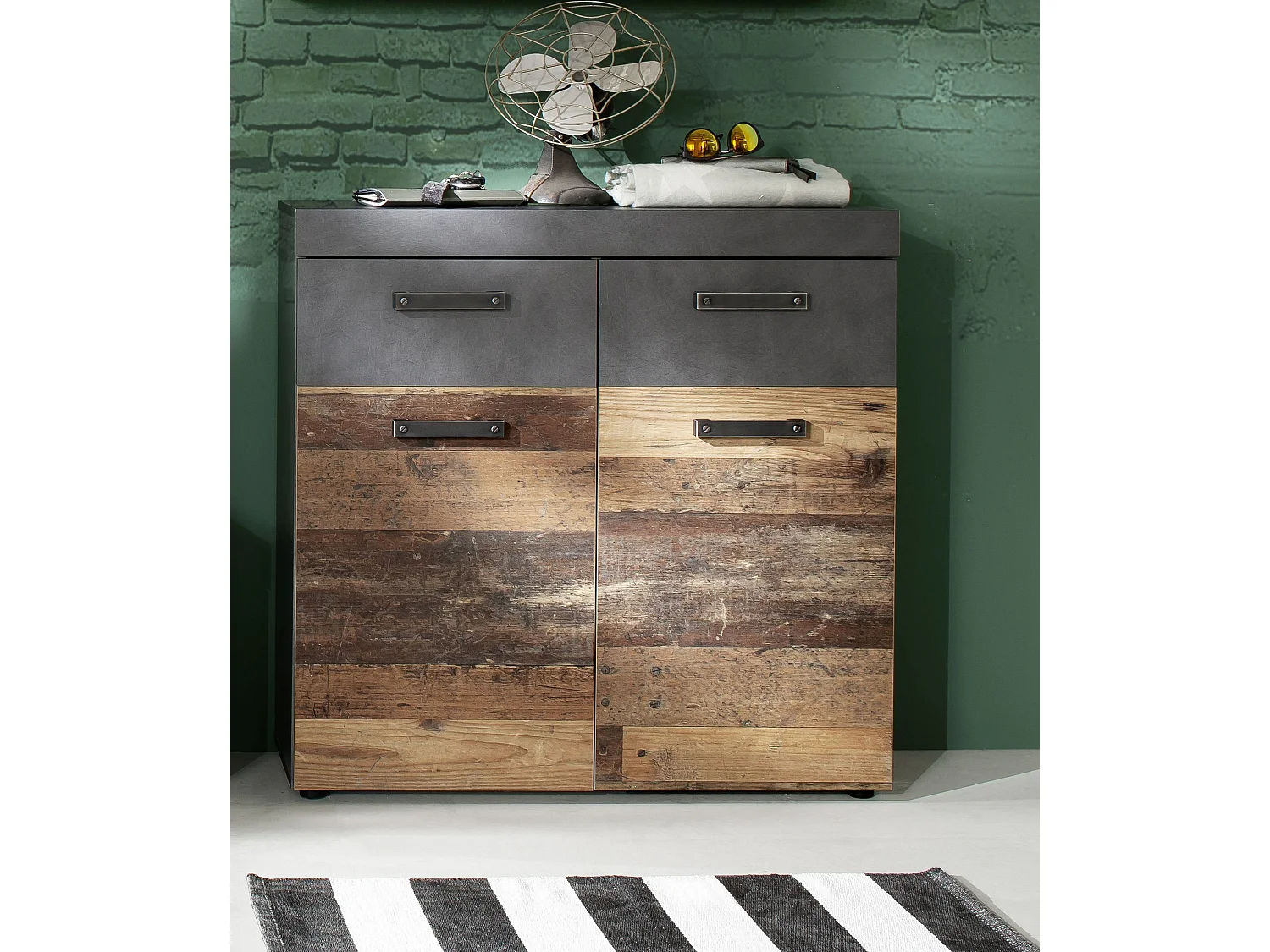 Irwin Armoire à chaussures 2 portes et 2 tiroirs, finition Matera gris, style vieux bois.