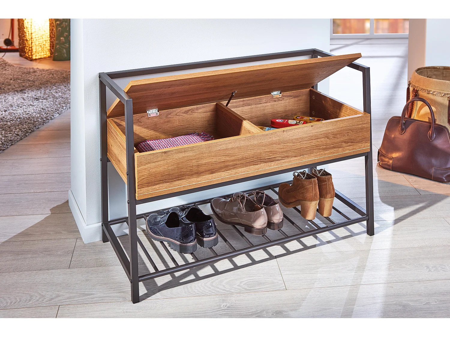 Sent Armoire à chaussures avec 1 tablette de rangement et 1 compartiment divisé, anthracite et imitation chêne.