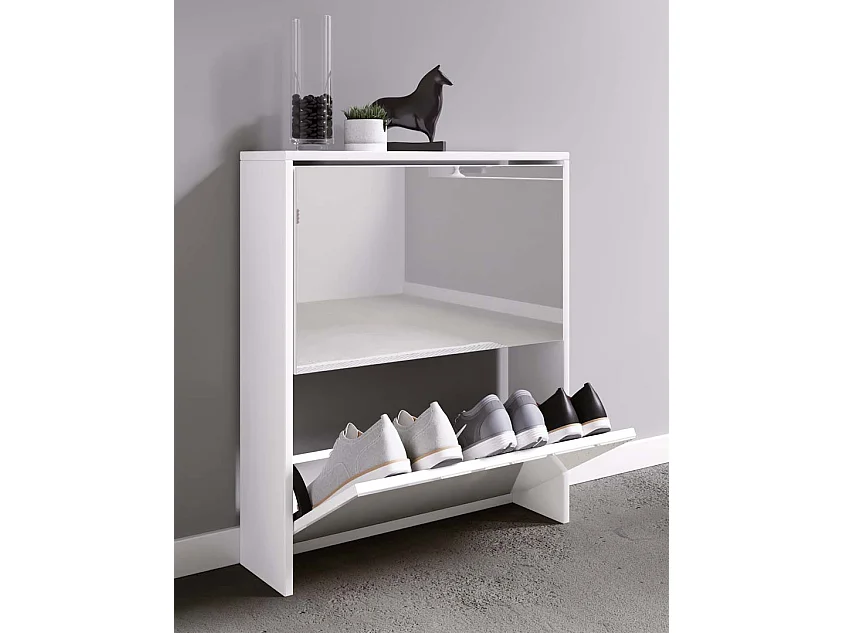 Armário de sapato de madeira VCM | Dimensões: A. 73 x L. 63 x P. 17 cm | 2 abas com espelho - Stido L (Branco)