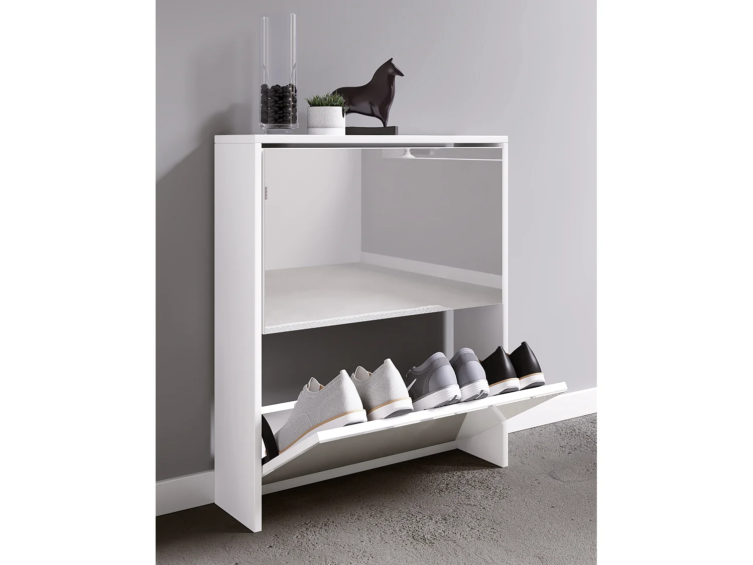 Armário de sapato de madeira VCM | Dimensões: A. 73 x L. 63 x P. 17 cm | 2 abas com espelho - Stido L (Branco)