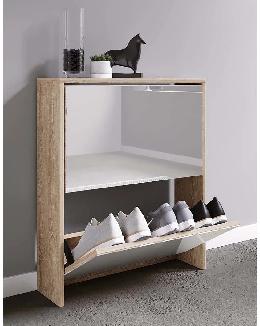 Armário de sapato de madeira VCM | Dimensões: A. 73 x L. 63 x P. 17 cm | 2 retalhos com espelho - Stido L (carvalho mel)