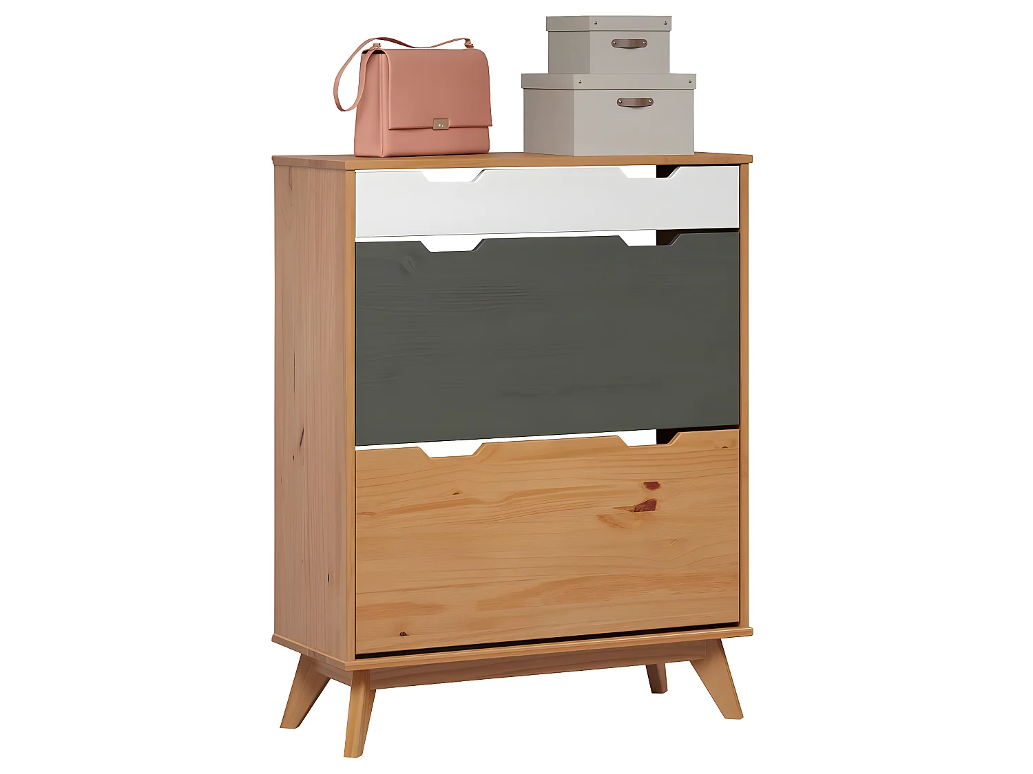 Scandik Schuhschrank 2 Klaptür, 1 Schublade honig,weiß,grau.