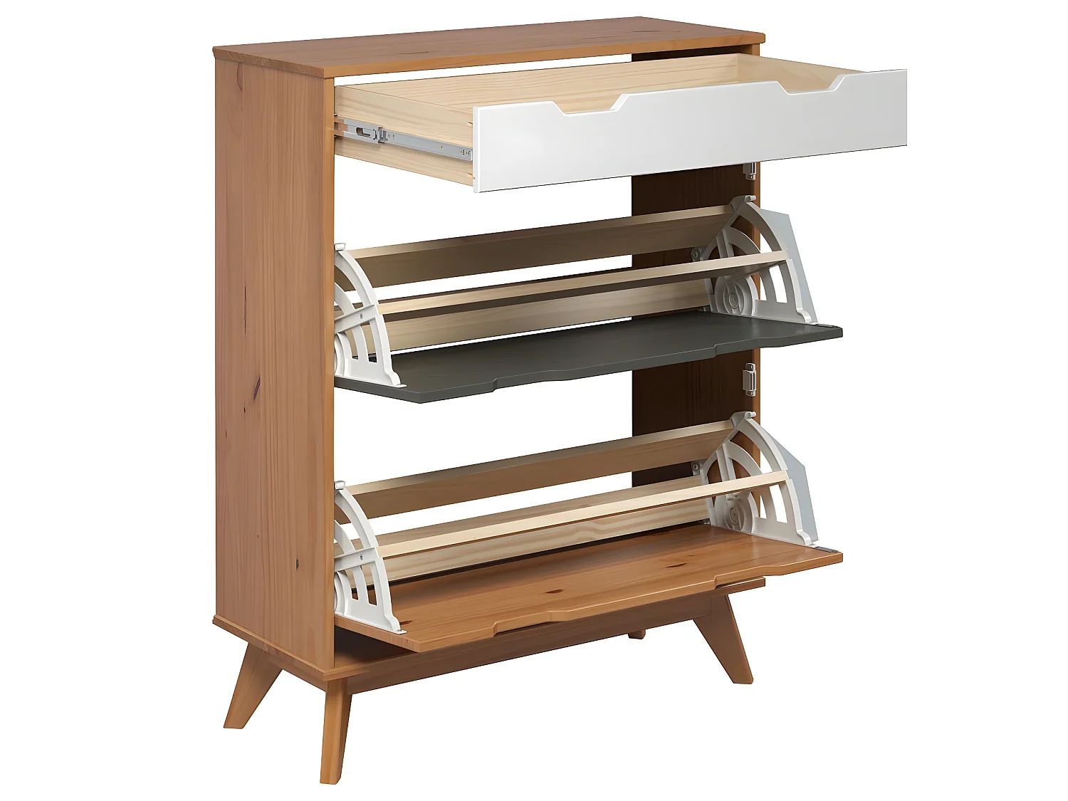 Scandik Schuhschrank 2 Klaptür, 1 Schublade honig,weiß,grau.