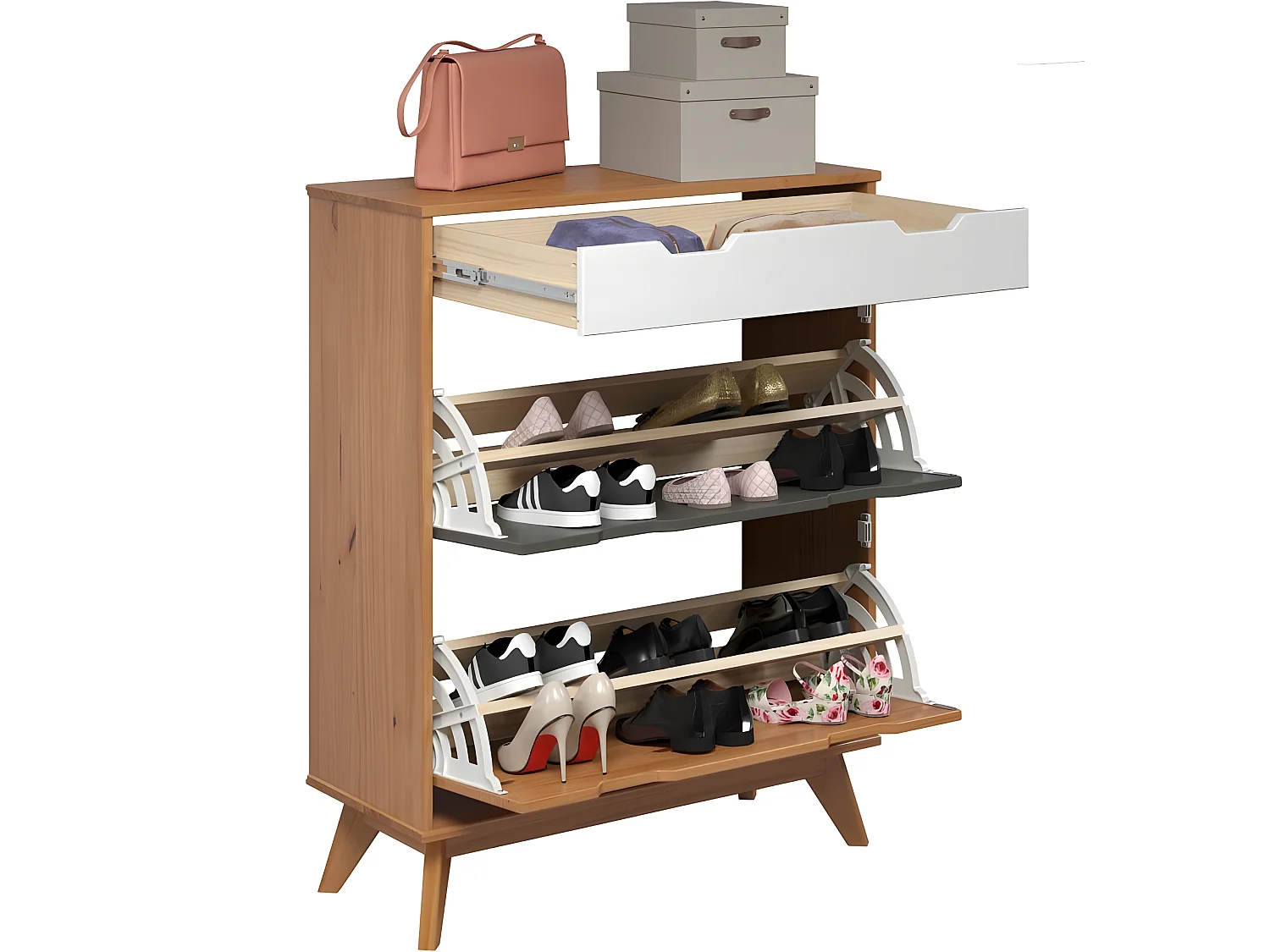 Scandik Schuhschrank 2 Klaptür, 1 Schublade honig,weiß,grau.