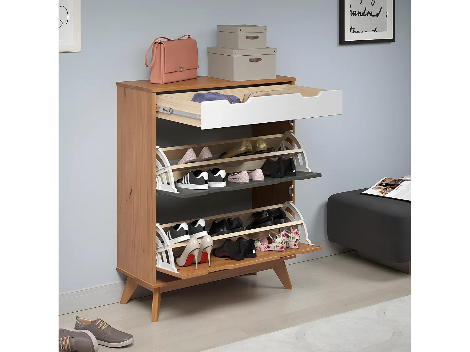 Scandik Schuhschrank 2 Klaptür, 1 Schublade honig,weiß,grau.