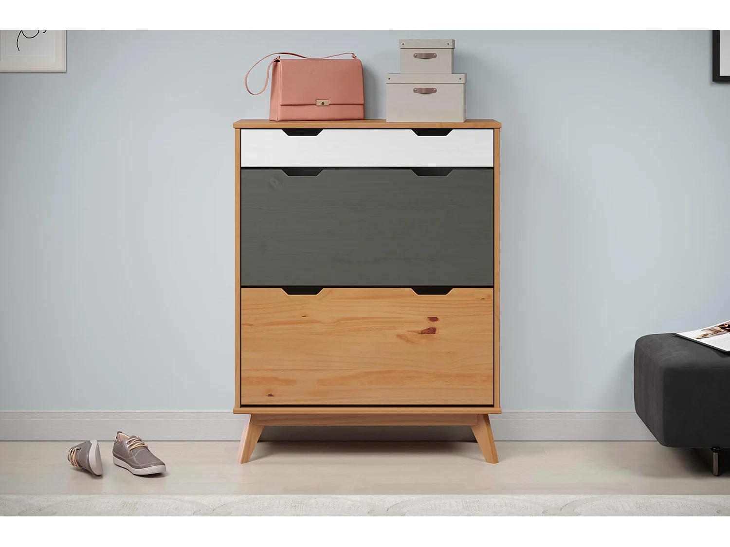 Scandik Schuhschrank 2 Klaptür, 1 Schublade honig,weiß,grau.