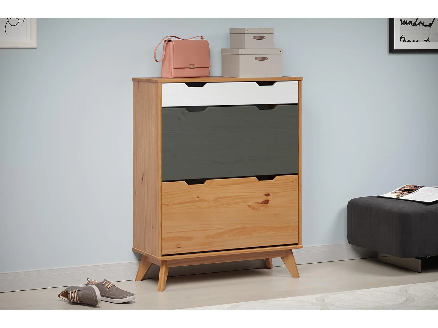 Scandik Schuhschrank 2 Klaptür, 1 Schublade honig,weiß,grau.