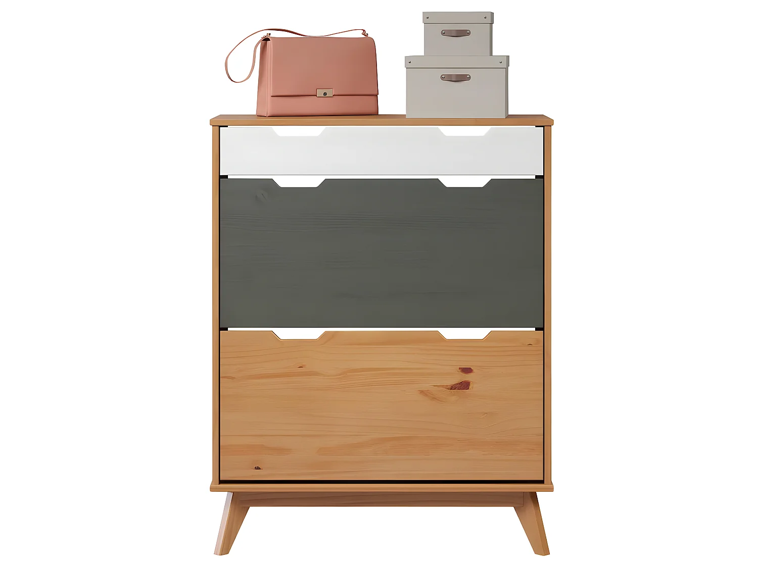 Scandik schoenenkast 2 klep, 1 lade honing,wit,grijs.